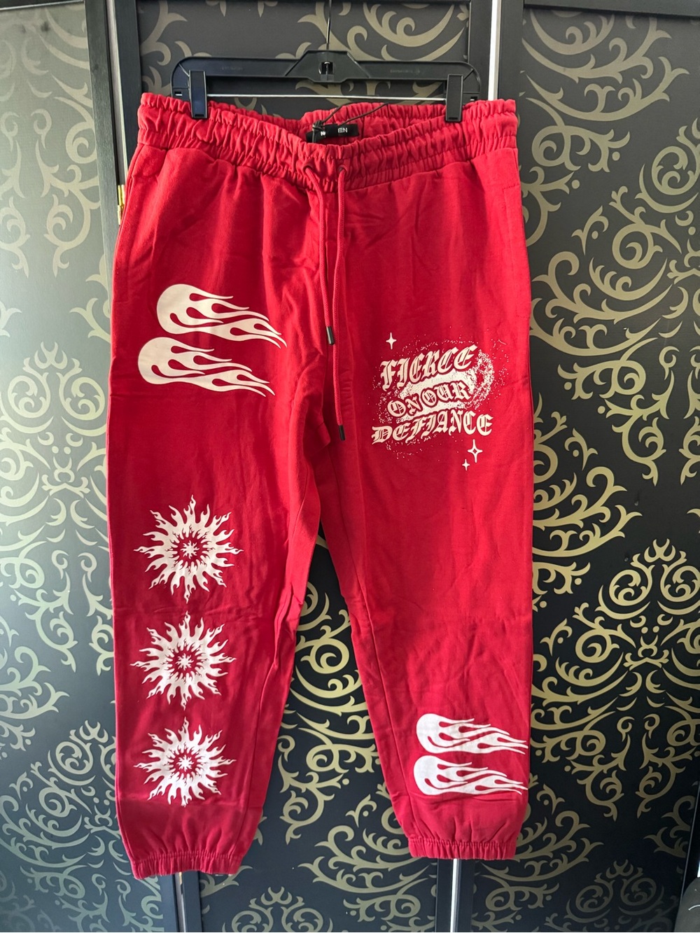 Fashion Nova Red Joggers with White Flame & Sun Graphics